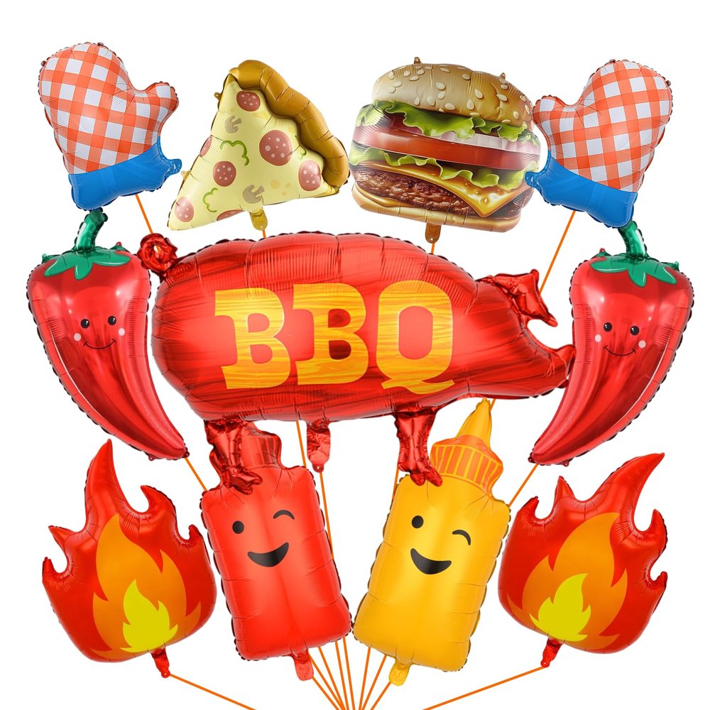 11Pcs BBQ Party Balloons - Summer Barbecue Birthday Decorations, Pizza Hamburger Chili Flame Foil Mylar Balloons, Food Shaped Aluminum Balloons for Backyard Cookout Grill Party Supplies
