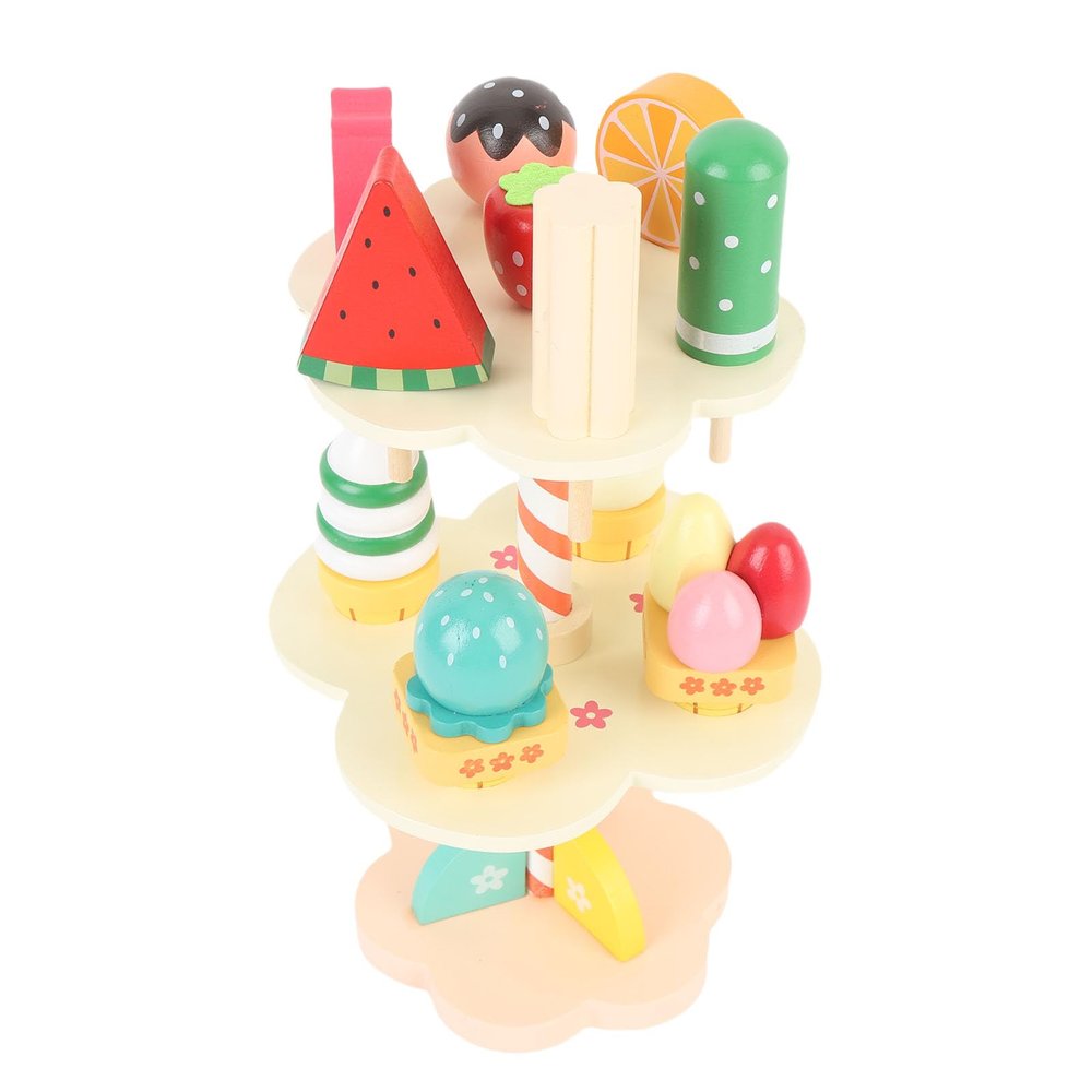 Bnineteenteam Wooden Tea Party Set Beechwood Dessert Stand Playset with Ice Cream Tower & Food for Kids Ages 3 4 5 6 Imaginative Play Kitchen Toy