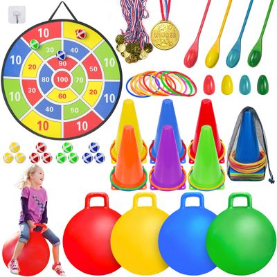 LINAYE Carnival Games Combo Set Outdoor Activities, Field Day Lawn Yard Family Reunion Fall Festival Games Hopper Balls Dart Board for Kids Ring Toss Egg and Spoon for Kids Birthday Party