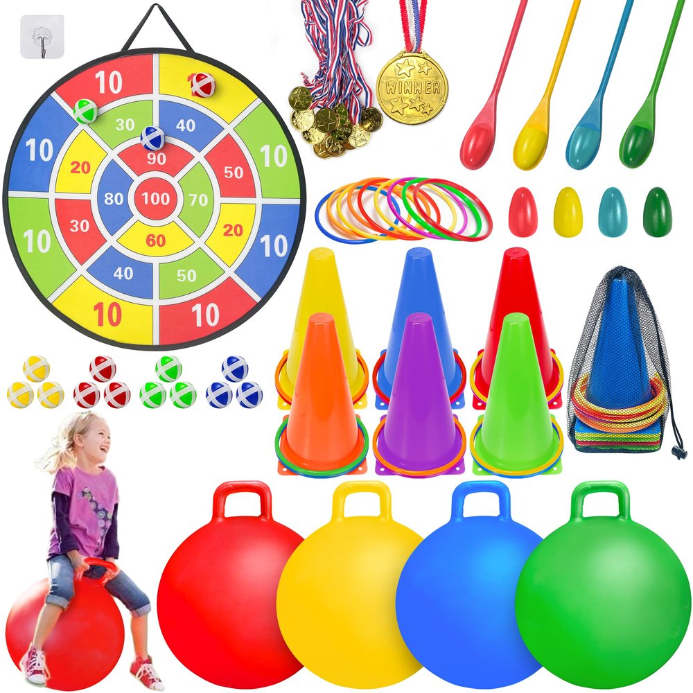 LINAYE Carnival Games Combo Set Outdoor Activities, Field Day Lawn Yard Family Reunion Fall Festival Games Hopper Balls Dart Board for Kids Ring Toss Egg and Spoon for Kids Birthday Party