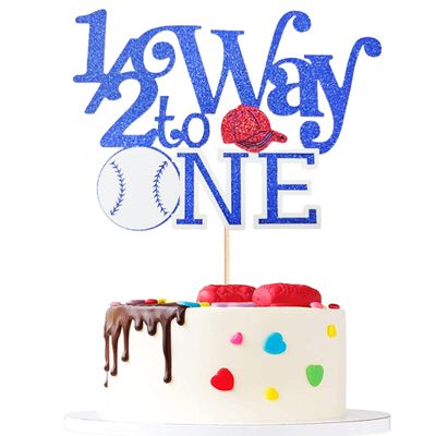 1/2 Way to One Cake Topper - Baseball Theme Glitter Baby Shower Decoration for 6 Month Birthday - Adorable First Birthday Party Supplies