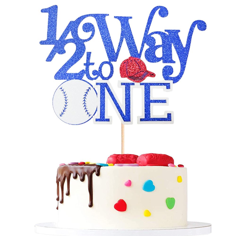1/2 Way to One Cake Topper - Baseball Theme Glitter Baby Shower Decoration for 6 Month Birthday - Adorable First Birthday Party Supplies