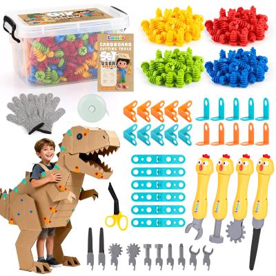 196 PCS Cardboard Cutter for Kids, Reusable Safe Cardboard Tools for Kids with Box, Gloves, Screws, Connectors, Screwdrivers, Saws, Educational Toys for 5 6 7 8 Year Old, Birthday Gift for Boys Girls