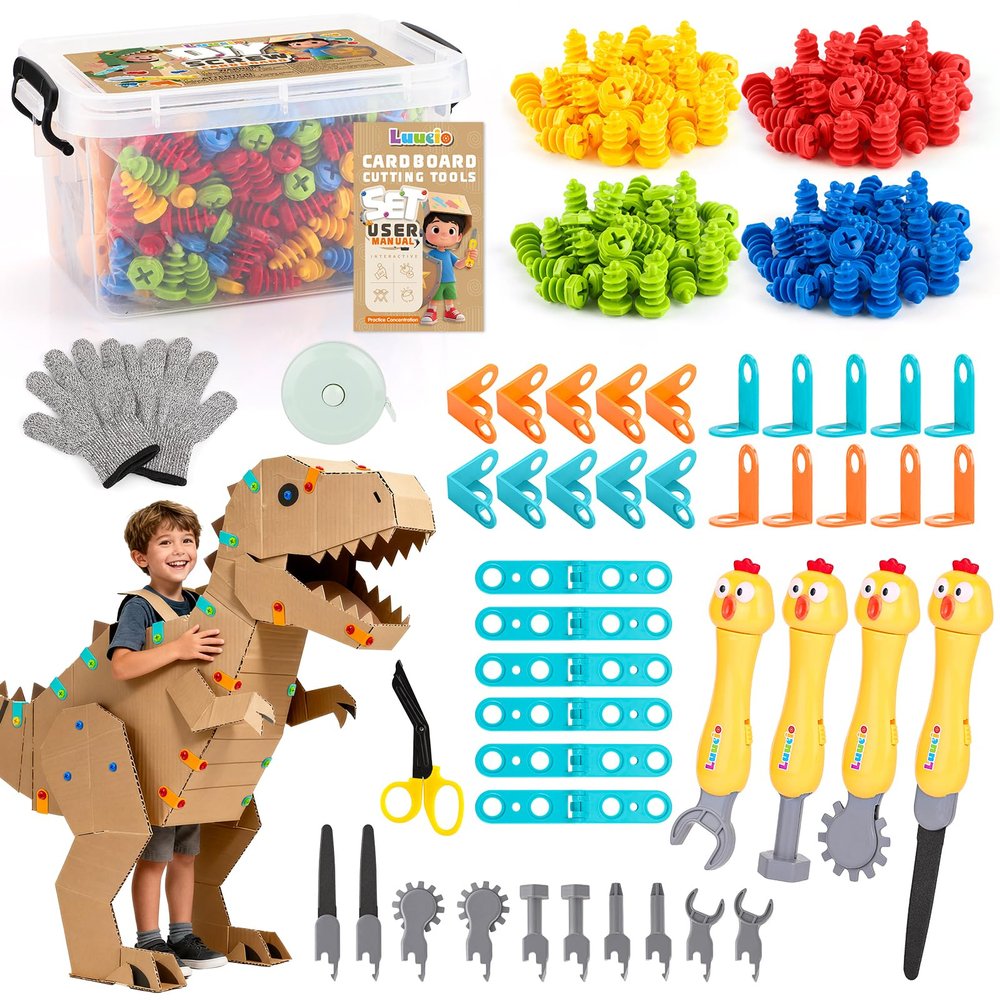 196 PCS Cardboard Cutter for Kids, Reusable Safe Cardboard Tools for Kids with Box, Gloves, Screws, Connectors, Screwdrivers, Saws, Educational Toys for 5 6 7 8 Year Old, Birthday Gift for Boys Girls