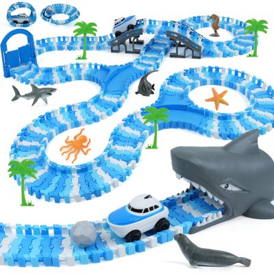 QPOU Ocean Race Track Toy Set for Kids - Birthday Gifts for Boys Age 3 4 5 6 7 Years Old, 240+ PCS Flexible Track Set with Vehicles and Shark Head Tunnel, Creative Building Playset