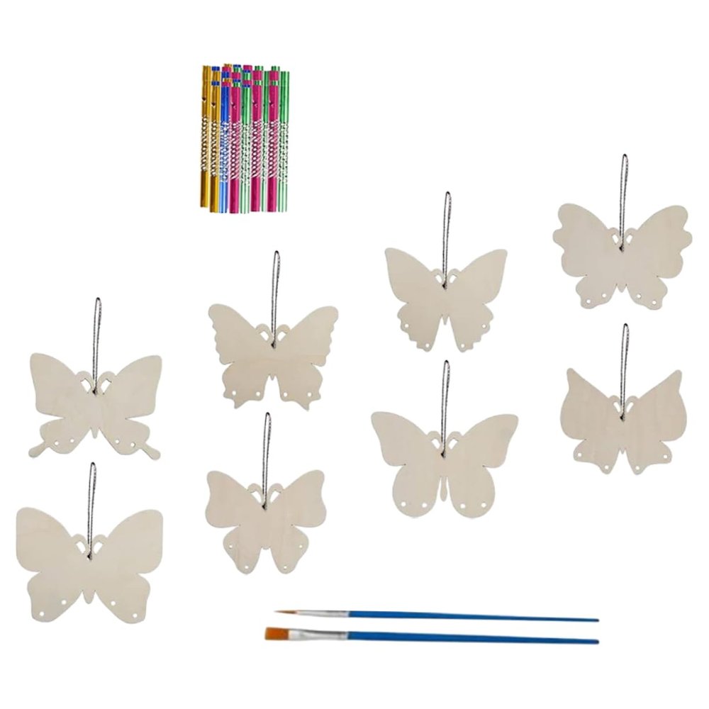 1Set DIY Wooden Butterfly Wind Chime Craft Kit with Blank Wooden Wind Bells Paint Brushes and String for Creative Outdoor Decoration