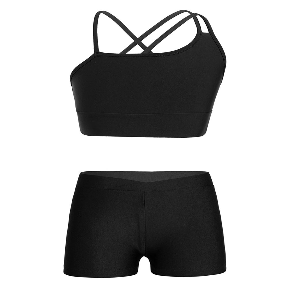 2pcs Kids Girls Ballet Dance Outfit Crossback Crop Top with Black Shorts Pantskirt Dancewear Black 8