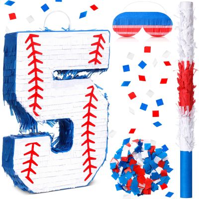 HyDren Baseball Piata Baseball Party Decorations Number Piata with Bat, Blindfold and Confetti, 16 Inch Sports Themed Birthday Party Supplies for Celebration Events(Number 5)