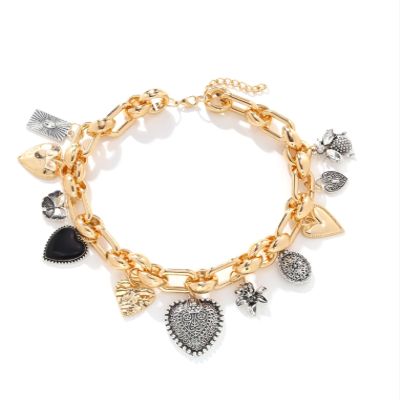 ZYIBPMSJKQCFK Bohemian Heart Shaped Flower Pendant Vintage Handmade Patchwork Metal Collarbone Necklace,golden,58.5+7CM