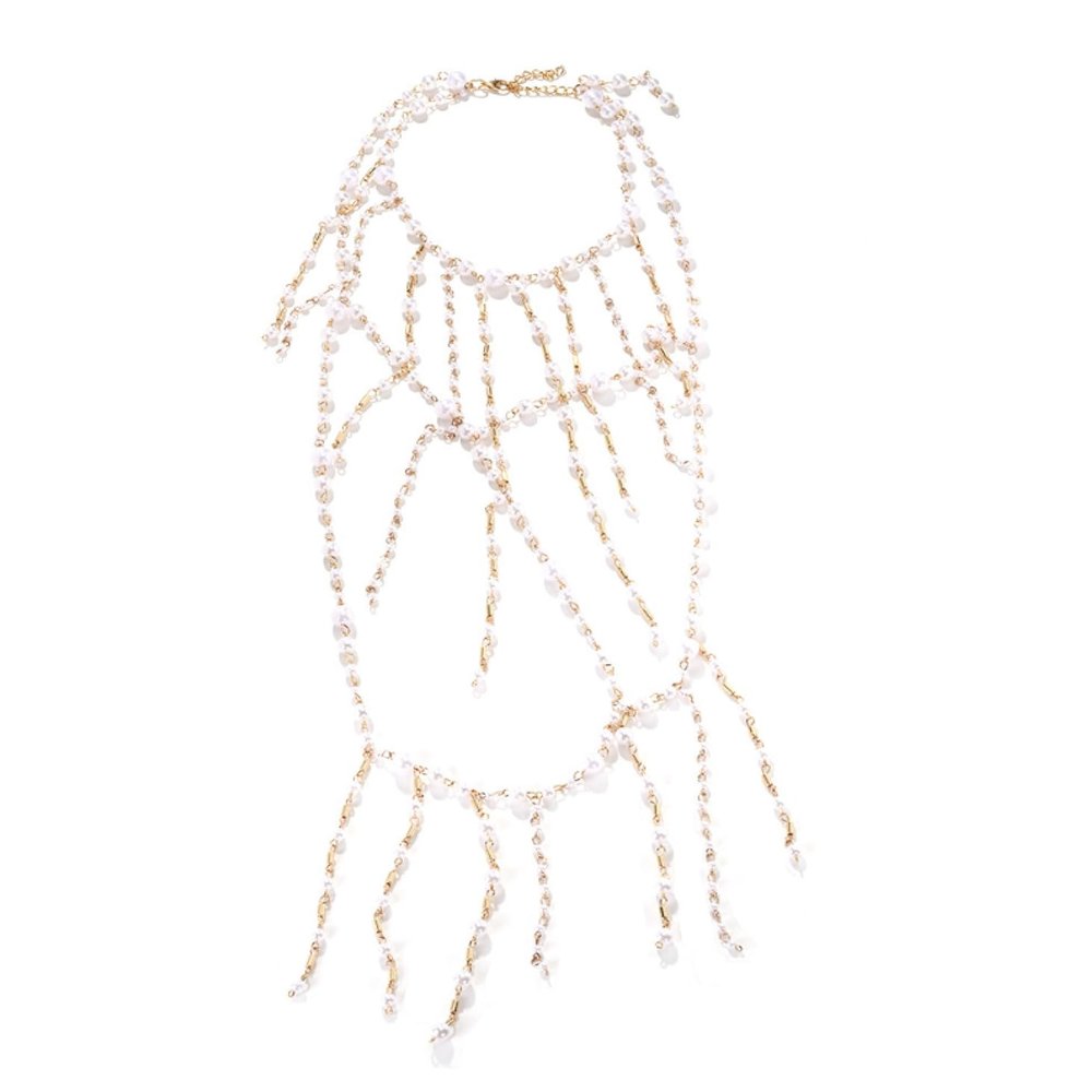 ZYIBPMSJKQCFK Handmade Glass Bead Tassel Necklace Woven Layered Sweater Chain,white Imitation Pearl,37+7cm