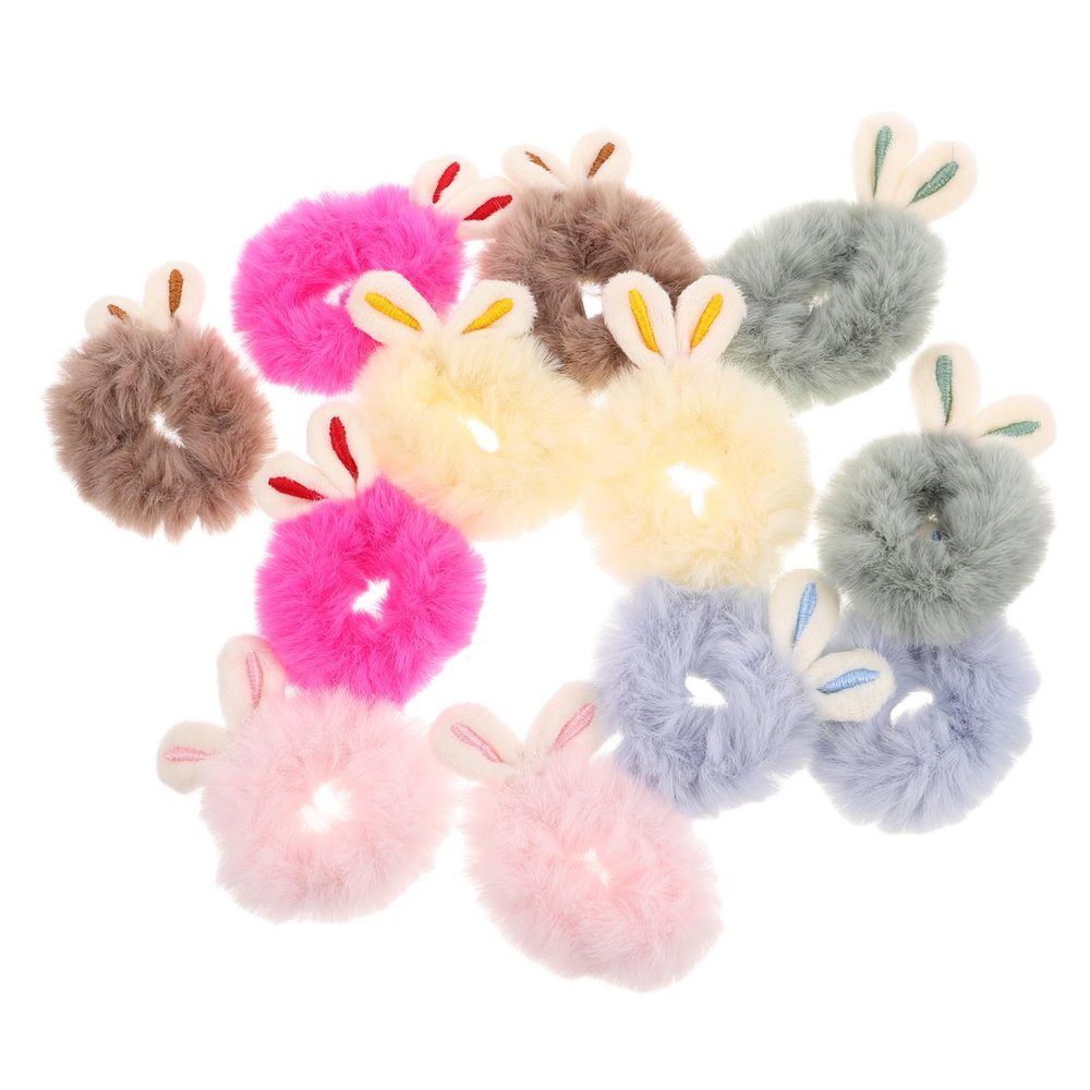 12pcs Kids Hair Rope With Bunny Ears Fuzzy Ponytail Scrunchies For Little Girls Decorative Plush Hair Ties For Daily Use And Party Styling
