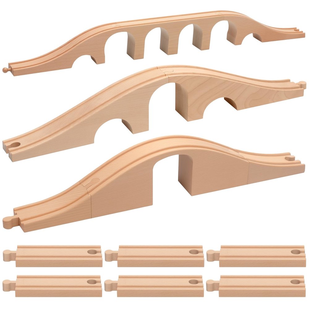 Halloscume 9 Pcs Wood Train Track Expansion Set 6 Arches Viaduct Bridge Train Bridges Railway Track Connectors Compatible Accessories with Railroad for Most Major Toy Railway