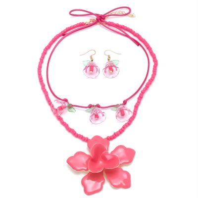 ZYIBPMSJKQCFK Handmade Bead Enamel Flower Pendant Bohemian Necklace,Pink,42+7cm