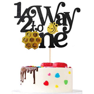 1/2 Way to One Cake Topper - Bee Themed Glitter Baby Shower Decoration for 6 Month Birthday - Adorable First Birthday Party Supplies