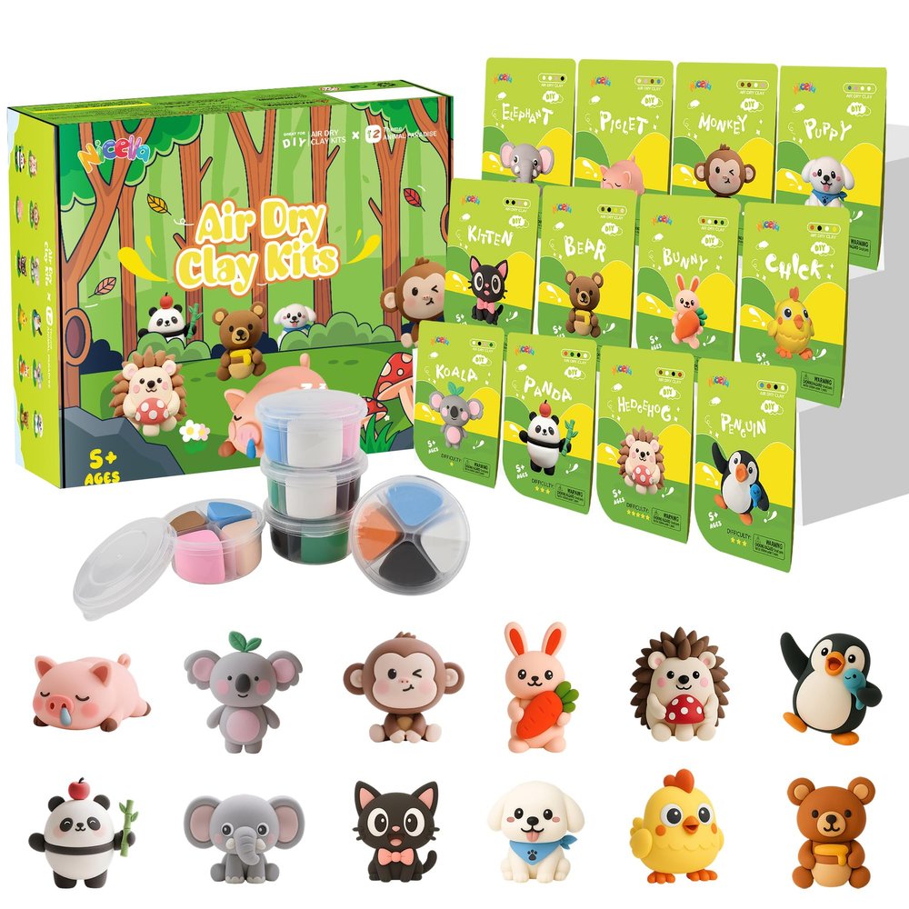 Air Dry Clay Kit, 12 Animals Modeling Clay for Kids, Model Magic Clay with Sculpting Tools and Tutorials, Safe & Non-Toxic, DIY Arts & Crafts School Projects, Home Party Favors for Boys & Girls