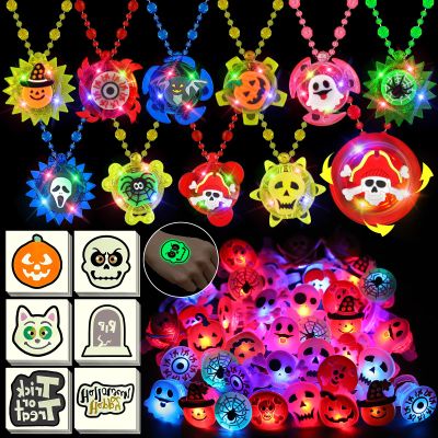 100 PCS Halloween Party Favors for Kids, Halloween Glow in the Dark Toys Rotating Spin Light Up Necklaces, LED Rings Decorations Trick or Treats Classroom Goodie Bag Fillers Party Supplies