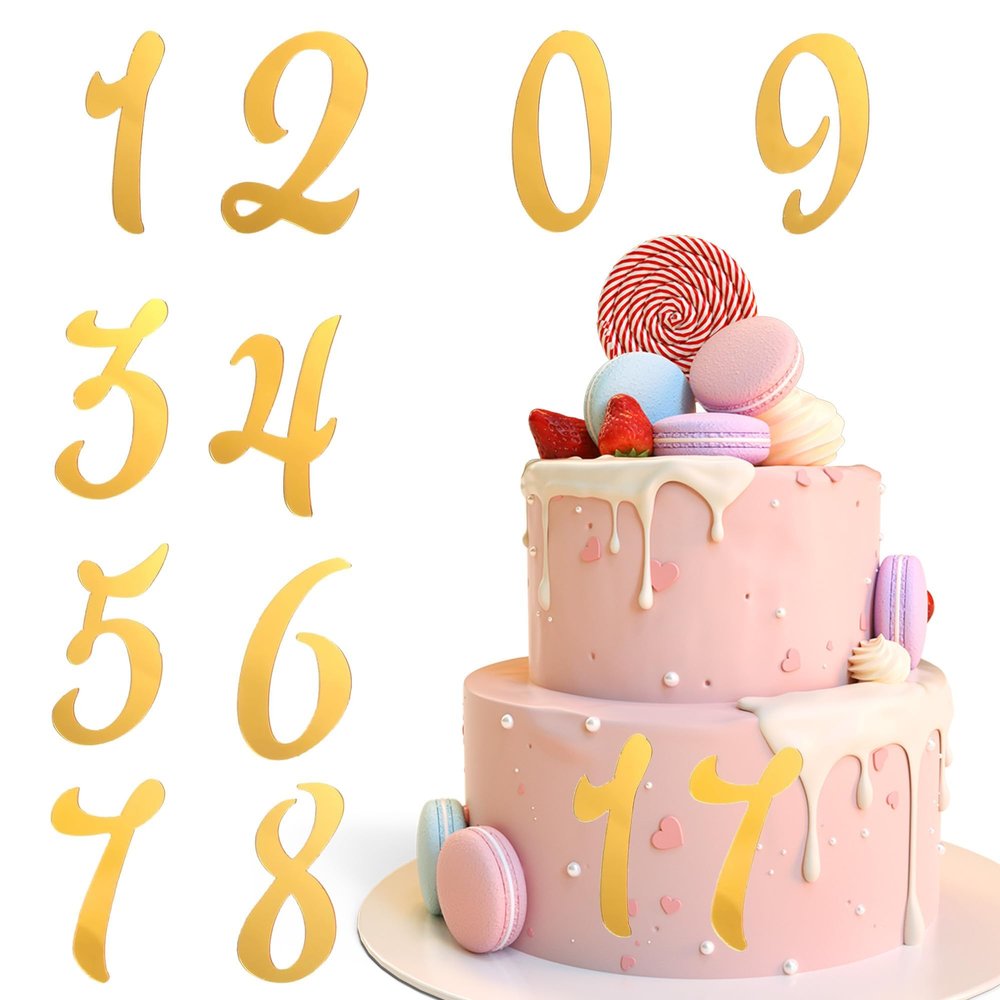 10PCS Gold Acrylic Cake Topper Mirror 0-9 Number Cake Decoration for Wedding Anniversary Baby Shower Party Birthday Supplies