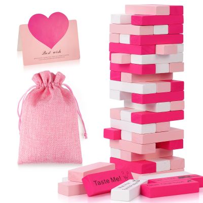 Pink Tower Game for Adults - 54pcs Wood Block Set with 6pcs DIY for Romantic Date Night Ideas and Couples Challenges - Perfect Valentine's Day Gift for Her