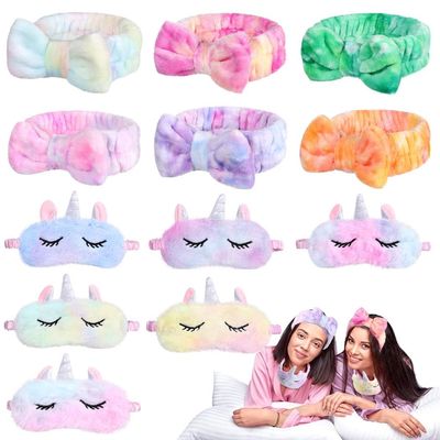 12 Pcs Sleepover Party Accessories Set, Cute Bow Headbands and Animal Masks, Plush Eye Covers & Spa Headbands for Girls Pajama Party