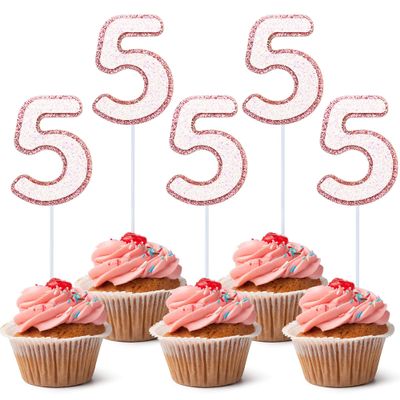 10 Pcs Number 5 Cupcake Toppers Pink Glitter Cupcake Decoration for Number 5 Birthday Party Cupcake Decor Supplies