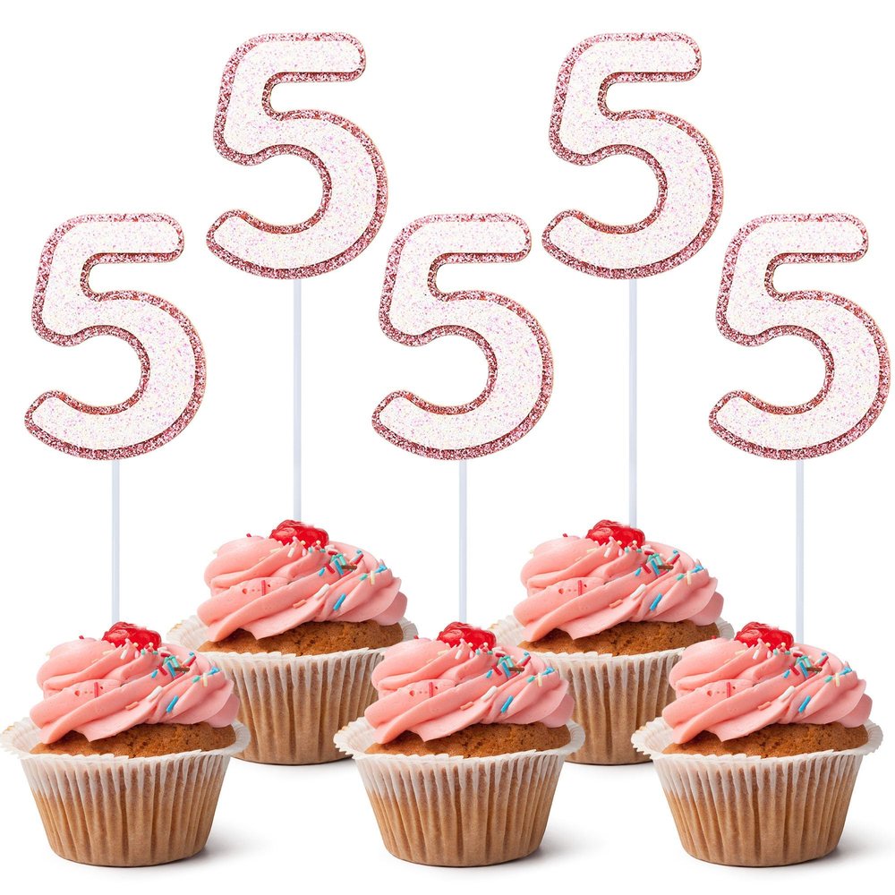10 Pcs Number 5 Cupcake Toppers Pink Glitter Cupcake Decoration for Number 5 Birthday Party Cupcake Decor Supplies