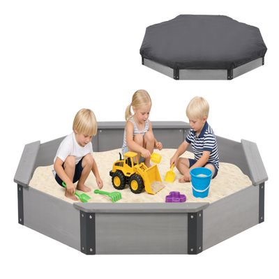 64''x56''x8.5'' Octagon Sandbox with Cover for Kids Outdoor Play, Wood Large Sandpit with 4 Benches, Quick Easy Install, US. Patented