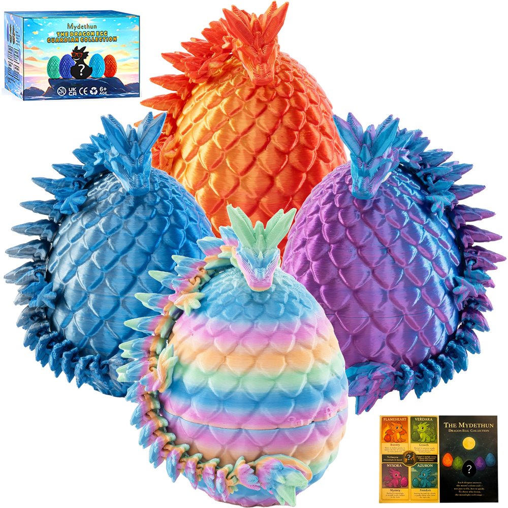 Mydethun 4 PCS 3D Printed Dragon Eggs - Articulated Dragons with 27 Joints, Easter Basket Stuffers, Mystery Birthday Gifts, Collectible Fidget Toy Desk Decor for Kids