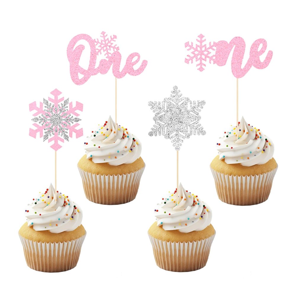 12 Pcs 1st Birthday Cupcake Toppers Pink Silver Glitter Snowflake Number One Cupcake Decoration for Boys Girls One Year Old Birthday Baby Shower Anniversary Party Cupcake Decor Supplies