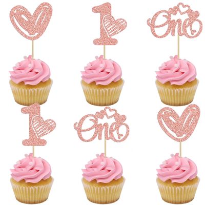 12 Pieces Cupcake Toppers, Sparkling Pink Cupcake Decorations for Baby 1st Birthday Party, Valentine's Day Themed Party