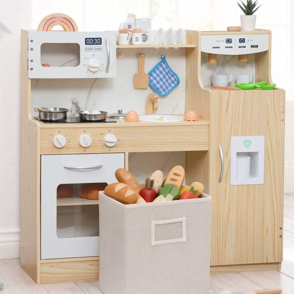LEMERCAN Wooden Play Kitchen for Kids Ages 3-6 with Storage Box & 17 Pcs, Toddler Kitchen Playset with Fridge,Ice Maker, Sink, Oven, Stove, Microwave, Educational Pretend Play Gift for Boys & Girls