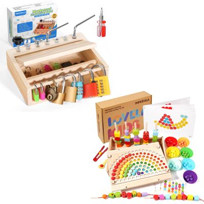 INIFEIDALA Montessori Screwdriver Board Set-Lock and Key ToyWooden Peg Board Beads Sequencing Toy Set