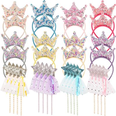 32 Pcs Star Princess Fairy Wands Kit Include 16 Glitter Star Fairy Wizard Angel Wands16 Sequin Princess Kids Crown Headbands for Cosplay Accessories Birthday Party Gifts