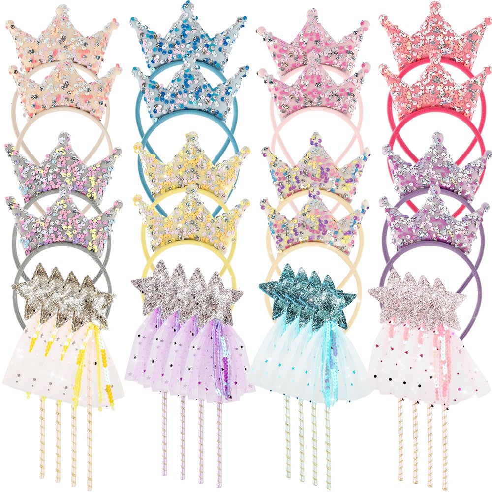 32 Pcs Star Princess Fairy Wands Kit Include 16 Glitter Star Fairy Wizard Angel Wands16 Sequin Princess Kids Crown Headbands for Cosplay Accessories Birthday Party Gifts