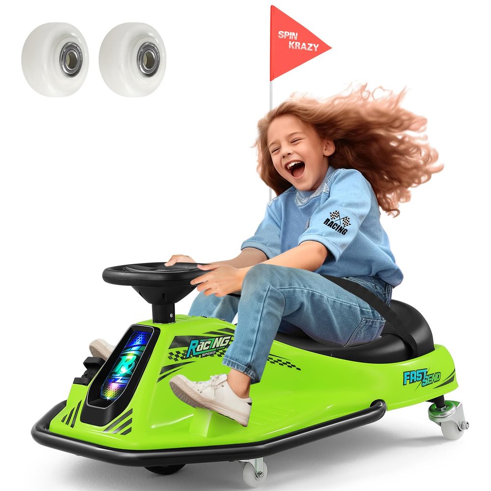 360 Degrees Rotating Ride On Drift Car, 24V Electric Drifting Go Kart for Kids W/24V Brushless MotorReplacement Wheels, 3-7.5mph Speed, Flashing Lights, Flag, Music,Bluetooth,Green