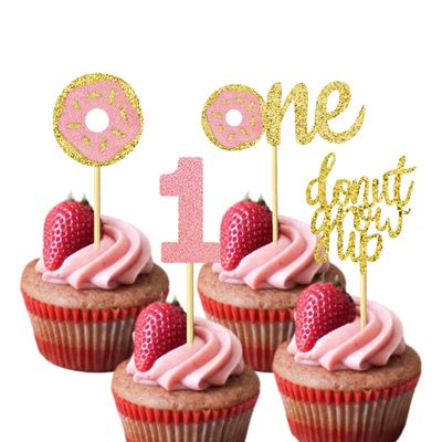 12 Pcs One Donut Cupcake Toppers One Half Donut Cupcake Topper Donut Party Decorations Picks Pink Sweet Theme Cake Decoration for 1st Kids Birthday Party Supplies Celebrating Party Baby Shower Supplie