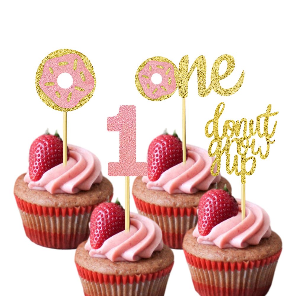 12 Pcs One Donut Cupcake Toppers One Half Donut Cupcake Topper Donut Party Decorations Picks Pink Sweet Theme Cake Decoration for 1st Kids Birthday Party Supplies Celebrating Party Baby Shower Supplie