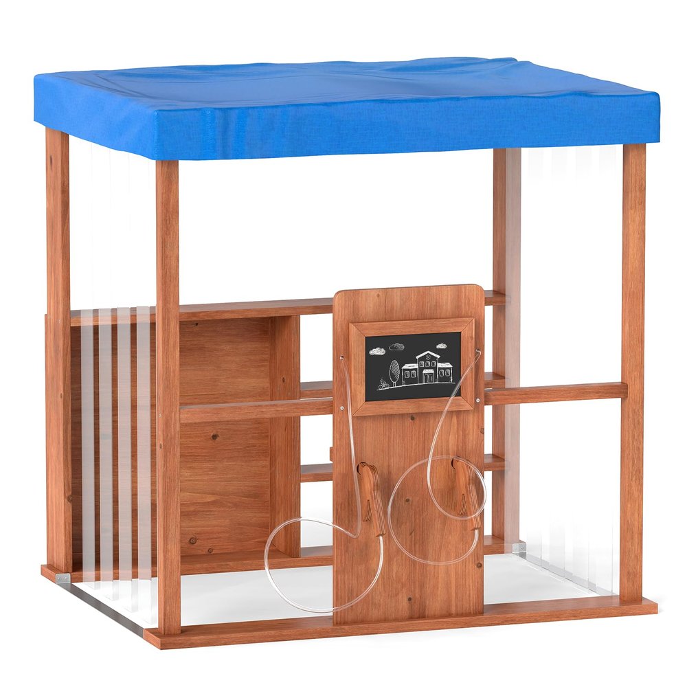 Costzon Kids Gas Station Playhouse, Outdoor Pretend Playset with Gas Refueling Guns, Chalkboards & Storage Shelves, Cedar Wooden Kids Playhouse with Canopy, Role Play Toy for Aged 3+