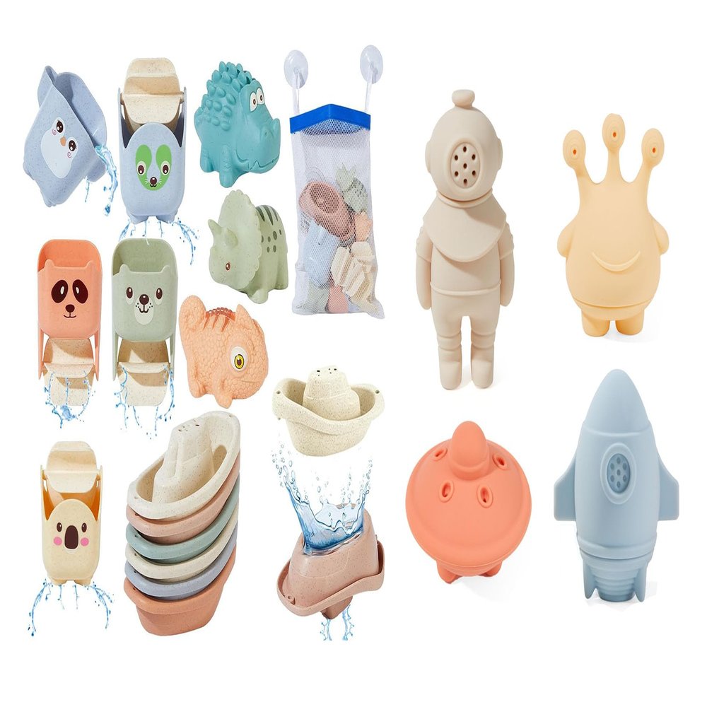 14 Pack Bath Toys & 4 Pack Silicone Baby Bath Toys for Kids Ages 1-3