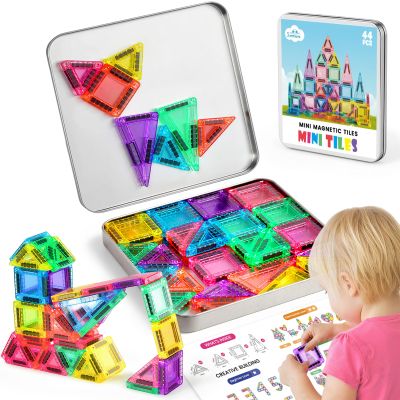 3 otters Travel Magnetic Tiles with Case, 44PCS Mini STEM Toys Travel Magnetic Building Blocks for Kids Christmas Party Birthday Gift Classroom Prize