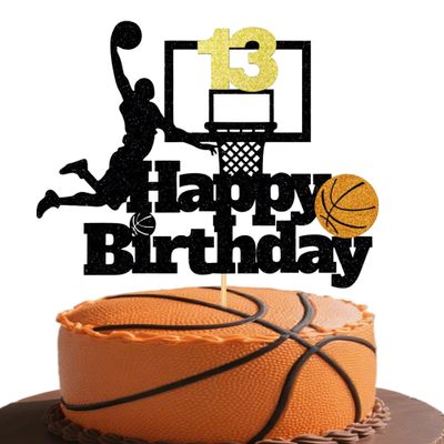 13th Birthday Basketball Cake Topper - Black & Gold Glitter Dunking Player with Hoop & Ball for Boys' Sports Parties