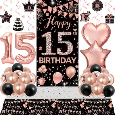 15th Birthday Decorations for Girls, Rose Gold and Black Happy 15th Birthday Decorations Girl, 15th Bday Banner Door Backdrop Balloons Tablecover Number 15 Balloon, 15 Year Old Girl Bday Party Decor