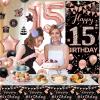 15th Birthday Decorations for Girls, Rose Gold and Black Happy 15th Birthday Decorations Girl, 15th Bday Banner Door Backdrop Balloons Tablecover Number 15 Balloon, 15 Year Old Girl Bday Party Decor view 3
