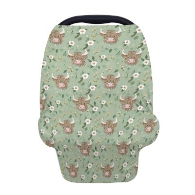 5-in-1 Unisex Cartoon Farm Cow Floral Pattern Baby Carseat Stroller Cover for Boys Girls, Highland Cow Flowers Infant Toddler Privacy Nursing Breastfeeding Canopy, Grocery Shopping Cart Cover-24x28