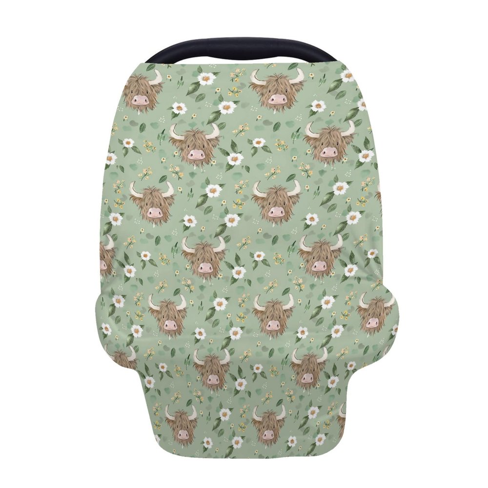 5-in-1 Unisex Cartoon Farm Cow Floral Pattern Baby Carseat Stroller Cover for Boys Girls, Highland Cow Flowers Infant Toddler Privacy Nursing Breastfeeding Canopy, Grocery Shopping Cart Cover-24x28