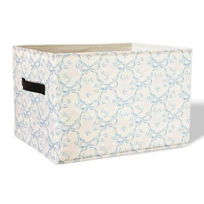 XDFVL Coquette Blue Bow Floral Storage Basket Bins With Handles for Girls Kids, Bow Floral Pattern Foldable Laundry Basket for Girls Room Nursery Bedroom Bathroom Clothes Toys Books