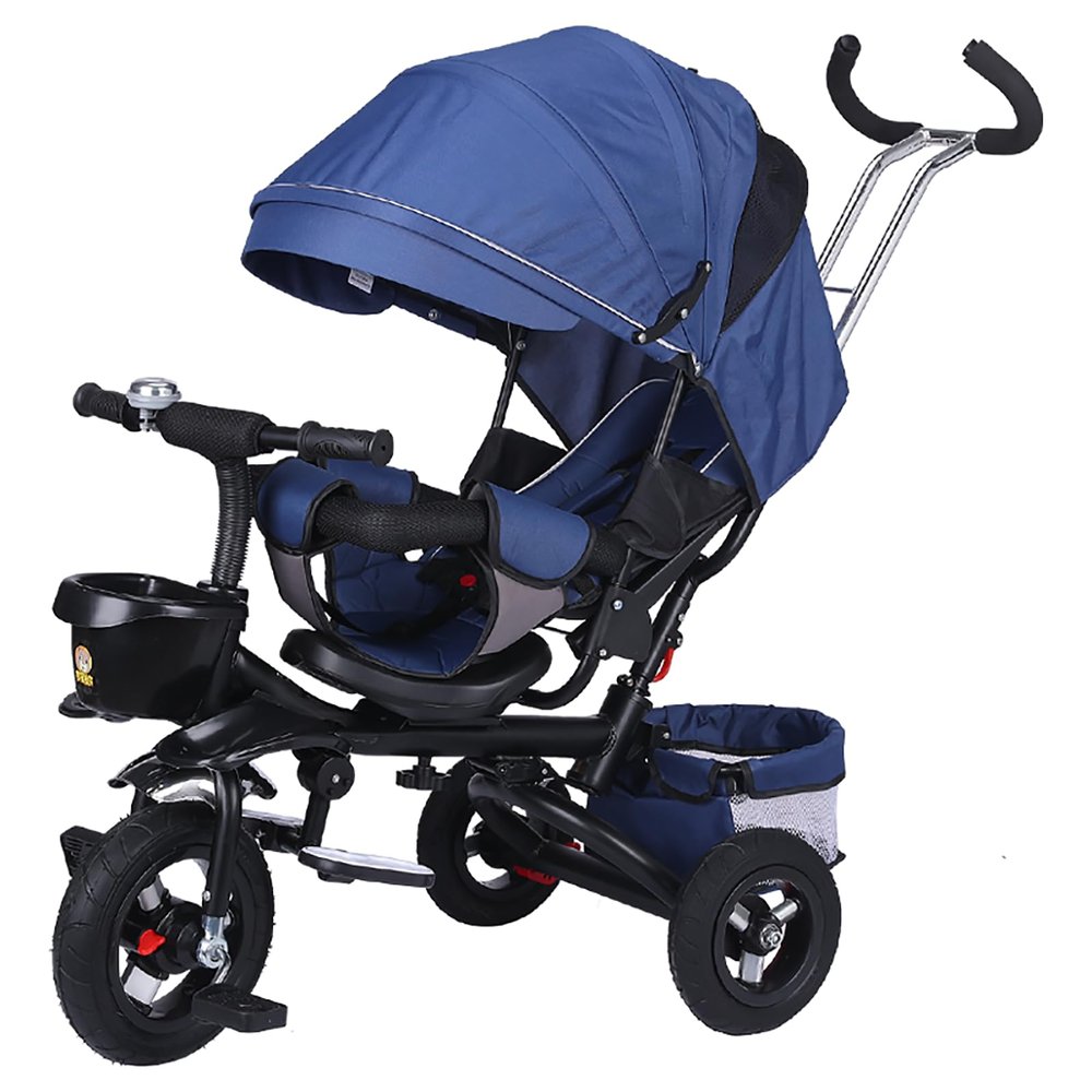 HUAIPU Kids Tricycle with Push Handle - Adjustable Reclining Seat & 5-Point Harness,Detachable Canopy & Safety Guard, Foldable Stroller/Trike/Balance Bike (Large Storage Basket),Blue,Style 2