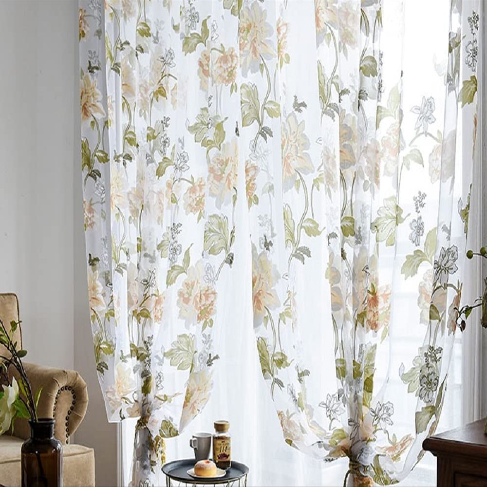 Iuokuby Voile Sheer Curtains Semi Shading Window Curtain Rod Pocket Luxury Peony Flower Pattern for Living Kids Nursery Room Bedroom Patio(1 Panel, W 50 x L 102 inch, Yellow)