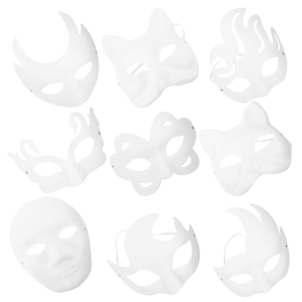 Abaodam 9Pcs DIY Blank Paper Pulp Masks for Hand Painting Unfinished Face Masks for Masquerade Parties Halloween Decorations Creative Craft Projects Reusable and Safe