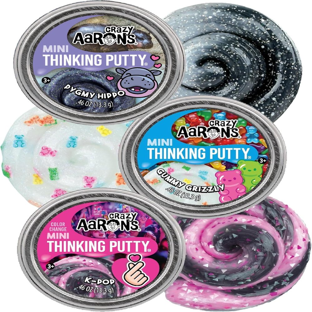 Crazy Aaron's Putty Mini Tins Gummy Grizzly, K-Pop & Pygmy Hippo Gift Set Bundle - 3 Pack (13.3g Each)
