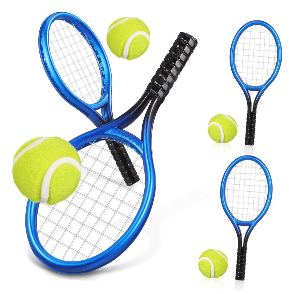 ERINGOGO 4Sets Mini Tennis Racket Set Dollhouse Tennis Kit with Keychain Balls for Sports Decor Tennis Lovers